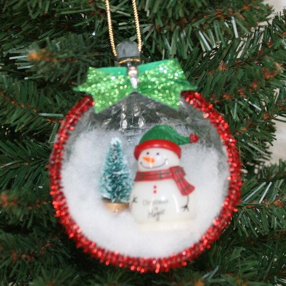 HAND CRAFTED Christmas Ornament Upcyled Teacup Snowman Plaid Winter Scene Red - Picture 1 of 9